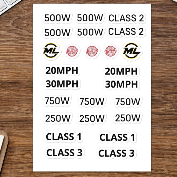 500w 250w 750w class 1 class 2 class 3 ebike 20 mph 30 moh sticker sheet decal set logo certified